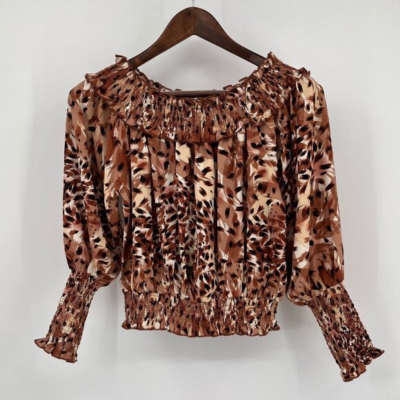 Patrizia Luca Smocked Blouse Size S Brown Animal Print Ruffle Long Sleeve Top - Picture 1 of 8